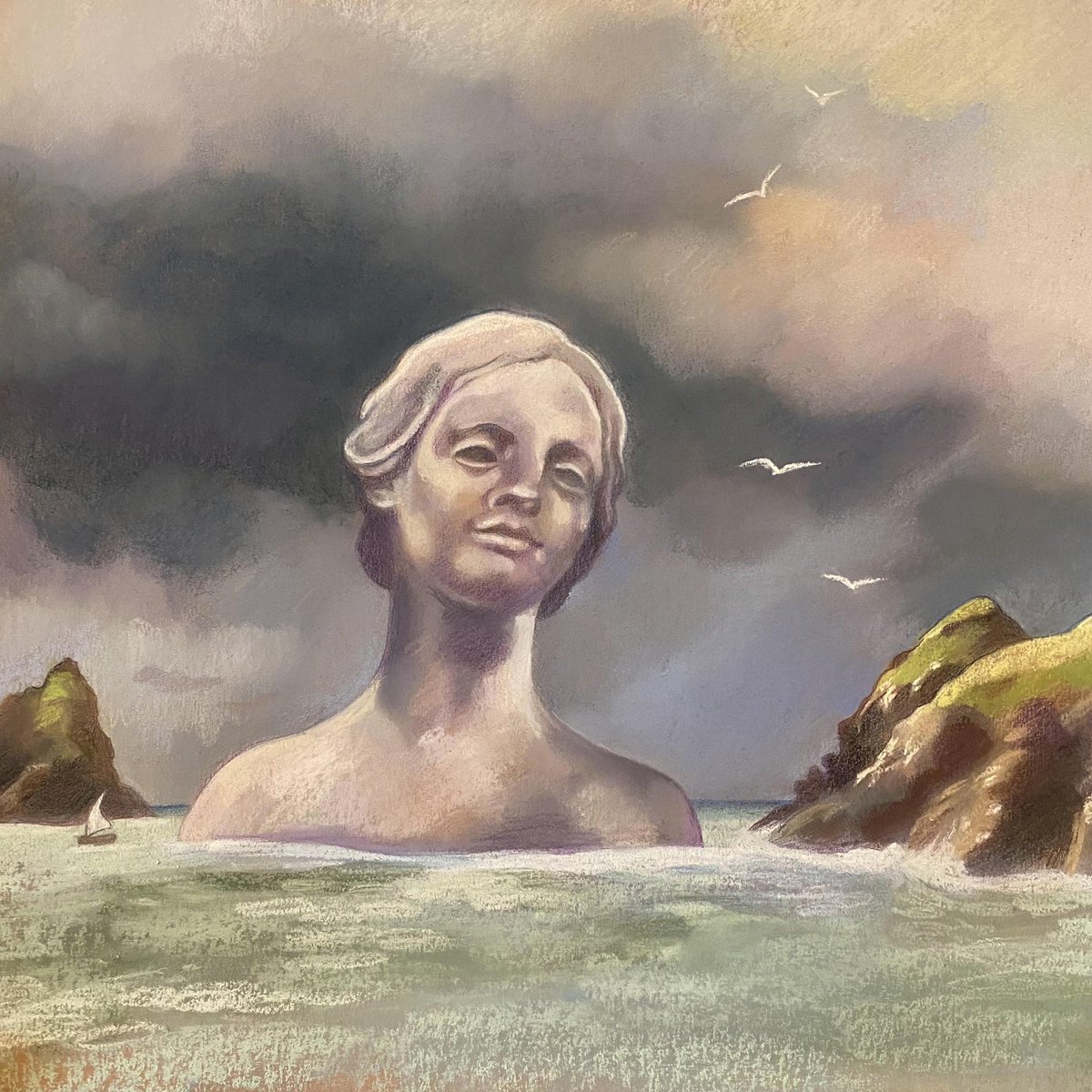 Calming the Storm. Drawing inspired by a bust which reminded me of a figurehead on a ship. Figureheads were believed to help steer a ship through troubled waters. I saw her in the water. She is the sea, the sky the rocks...or they are her.
#womaninbizhour #MHHSBD #drawing #devon