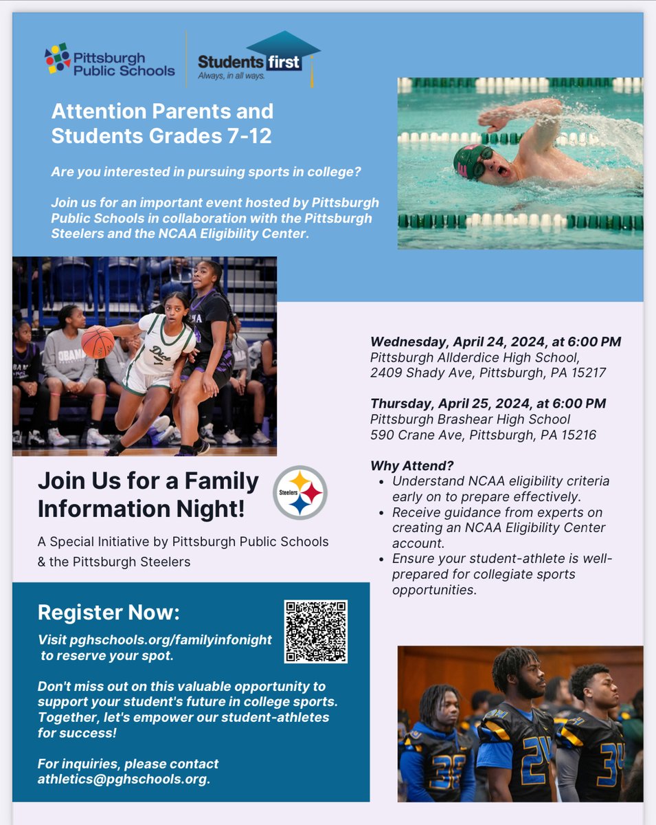 Get expert advice on setting up an NCAA Eligibility Center account, crucial for collegiate sports. Join us at Pittsburgh Allderdice on 4/24/24 or Pittsburgh Brashear on 4/25/24 Reserve your spot at pghschools.org/familyinfonight. Reach out to athletics@pghschools.org.