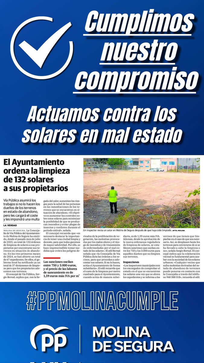 ✅ Cumplimos nuestro compromiso: actuamos contra los solares en mal estado.

🧹 Se ha ordenado la limpieza de 132 solares en estado de abandono, y de no hacerlo sus propietarios será el Ayuntamiento el que asuma la limpieza.

#PPMolinaCumple
