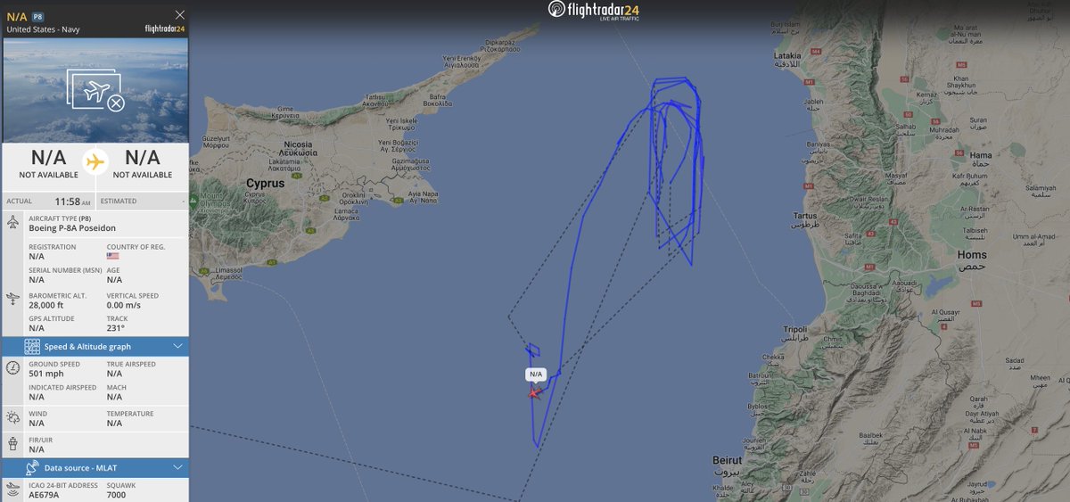 #USNavy P-8A poseidon seen on the flight radar to the east of the mediterranean sea, at the coastline with syria and lebanon, aircraft departure from chania greece. #AE679A