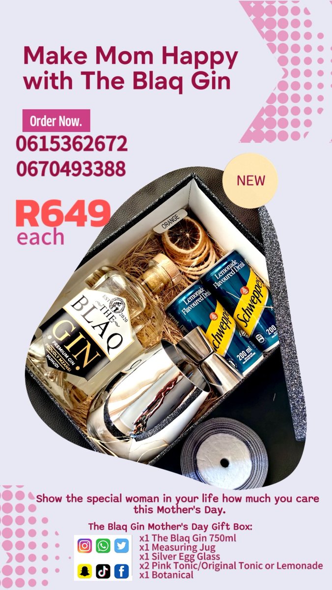motswanarap's tweet photo. The Blaq Gin Mother's Day Gift Box for only R649

The Blaq Box includes:

x1 The Blaq Gin 750ml
x1 Measuring Jug
x1 Silver Egg Glass
x2 Pink Tonic/Original Tonic or Lemonade (can)
x1 Botanical

Place your order
061 536 2672
067 049 3388

#Mamkhize #mashata #Sundowns #SenzoMeyiwa https://t.co/CszuGQ3bik