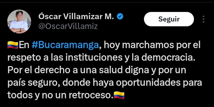 Dizque por un país seguro, dice el hijo del exsenador conservador Alirio Villamizar, condenado a 117 meses de prisión en 2010 por el carrusel de las notarías, un escándalo de corrupción relacionado con la compra de votos del entonces presidente Álvaro Uribe Vélez