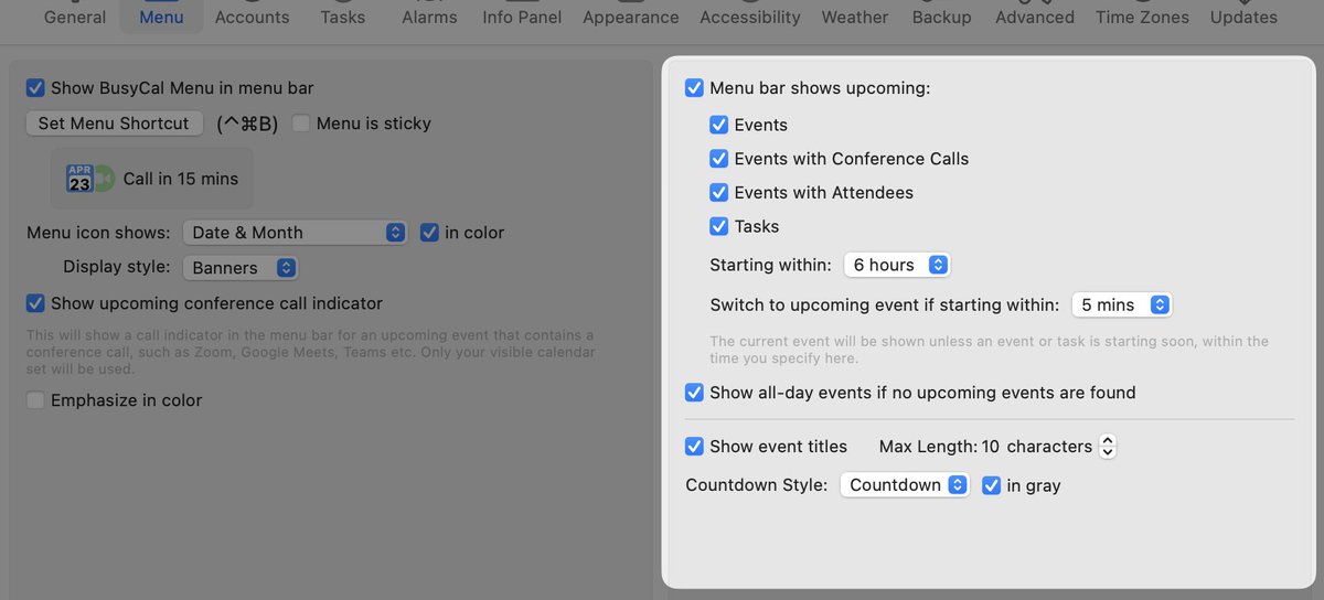 busymac's tweet image. 🎉 Excited to unveil an upcoming #BusyCal feature! 🚀 You&apos;ll soon be able to display ongoing and upcoming events in the menu bar as a count-down (or count-up - all of them!). Stay on top of your schedule without missing a beat! ⏱️✨ #Productivity #CalendarApp #macOS