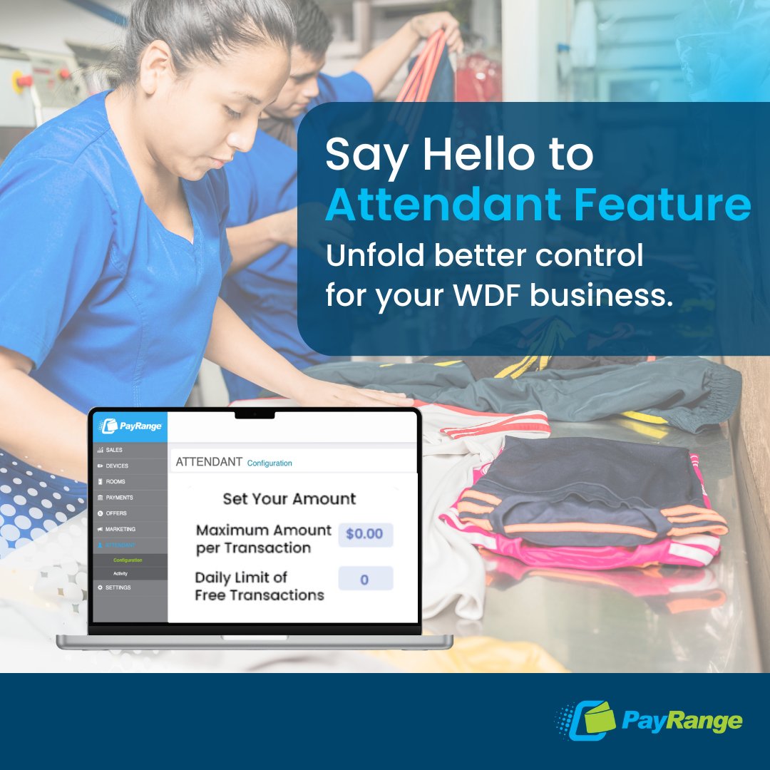 Unfold better control of your wash dry fold business with PayRange’s new Attendant Feature that lets your attendants operate your washers and dryers without requiring coins or adding funds to the app.

Learn more: support.payrange.com/hc/en-us/artic…

#NoCoinsNeeded #StreamlineOperations