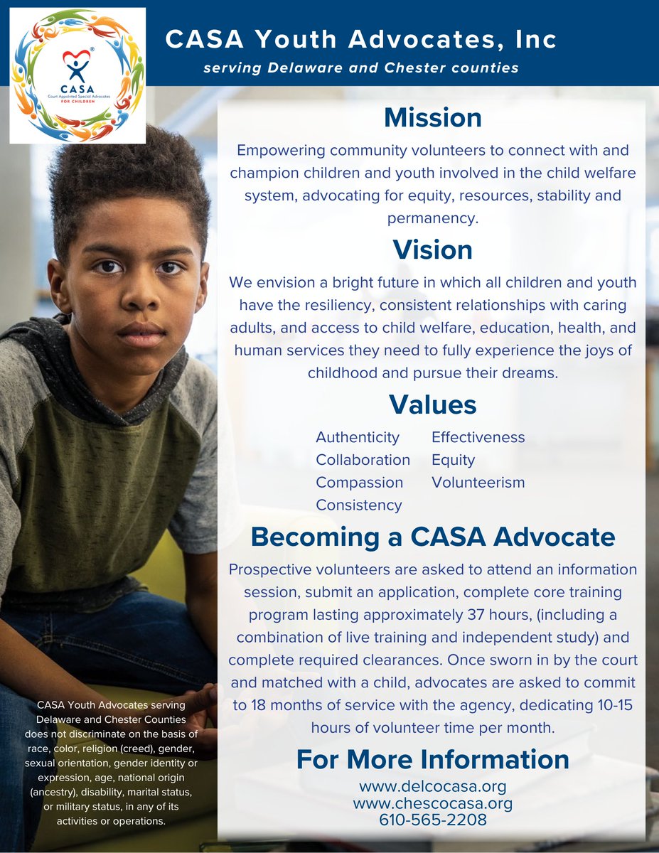 Interested in becoming a CASA Advocate? There's still room in our May 2024 New Advocate Training cohort! Trainings will take place from 10am to 1pm on 5/1, 5/2, 5/3, 5/8, 5/9, 5/10, 5/15, 5/16, and 5/17.  Apply on-line at: pa-delcocasa.evintosolutions.com/volunteerappli….'