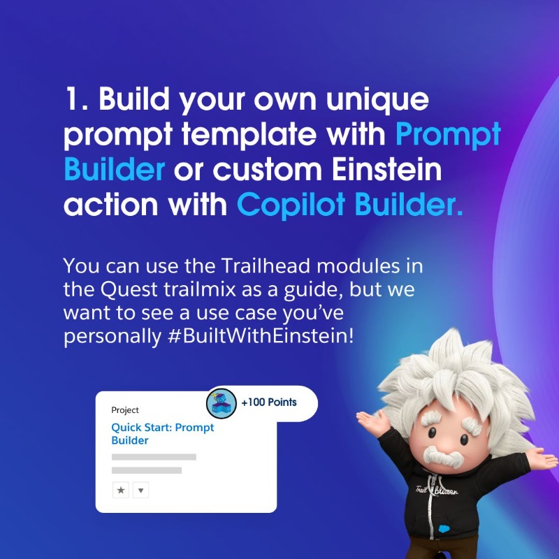 SalesforceAdmns's tweet photo. 🤖 Eager to participate in the #BuiltWithEinstein Quest but unsure how to get started? We've got you covered! 

Follow these three essential steps to craft a standout video showcasing your AI innovation.

Rise to the challenge: https://t.co/eA5sLtEWWy