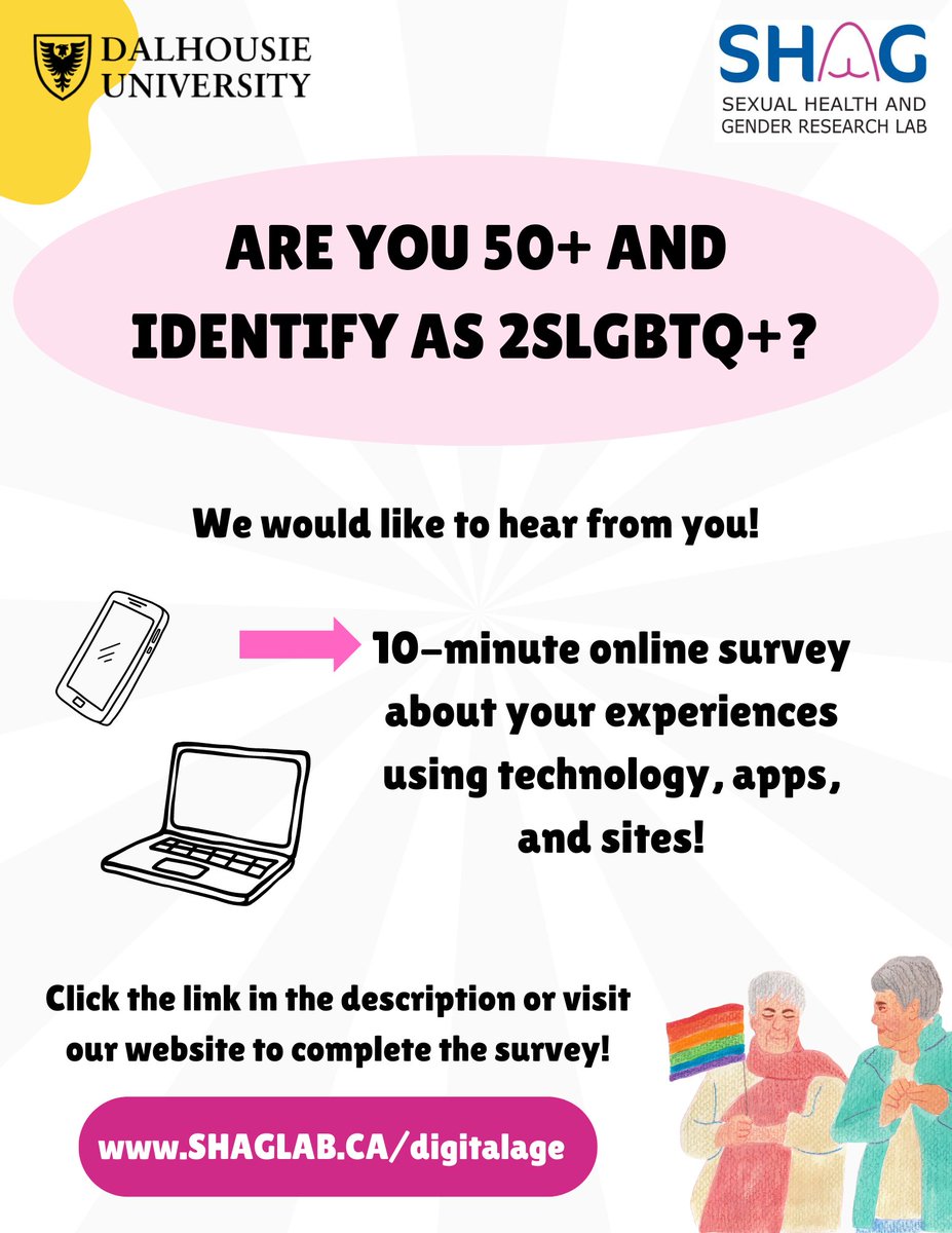 If you are 50+, identify as 2SLGBTQ+, and live in Atlantic Canada, Ontario, or Quebec take our short 10-minute survey and share your experiences using technology to maintain social connections 🔗surveys.dal.ca/opinio/s?s=761… You will be entered to win 1 of 3 $100 Amazon giftcards 🙌