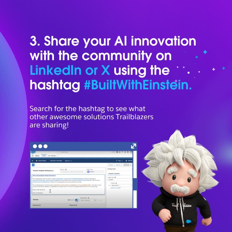 SalesforceAdmns's tweet photo. 🤖 Eager to participate in the #BuiltWithEinstein Quest but unsure how to get started? We've got you covered! 

Follow these three essential steps to craft a standout video showcasing your AI innovation.

Rise to the challenge: https://t.co/eA5sLtEWWy