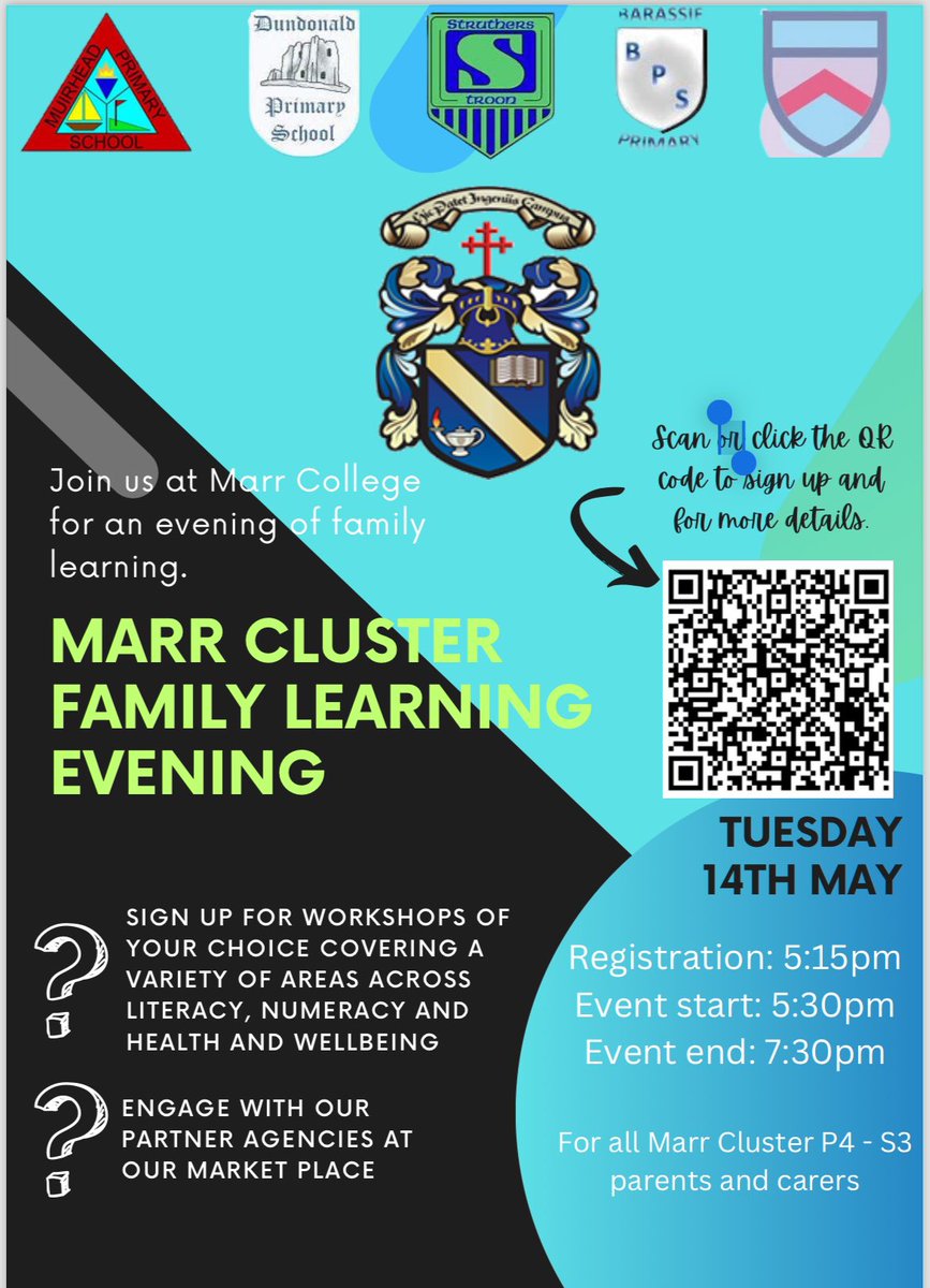 We would love to see our P4-S3 families at the Marr Cluster Family Learning Event on Tuesday 14th May at Marr College. For more information and to sign up please see the attached flyer. Please register each adult who will be attending the event.