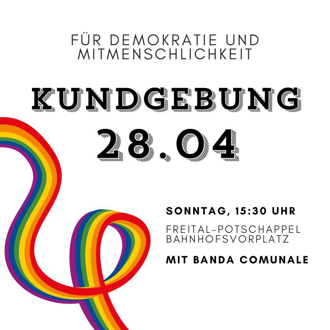 Am Sonntag gehen wir wieder für die Demokratie auf die Straße💪

Als Bündnis "Wir für Freital", laden wir alle Menschen ein, gegen rechten Hass und Hetze in Freital ein Zeichen zu setzen!

#Freital #Demokratie #Gemeinsam #Demonstration #Kundgebung #Sachsen #soeinschönertag