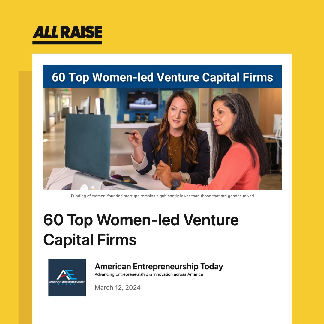 Shout out to the many All Raisers recognized on @AmeriEntre_ship's list of the top women-led VC firms 🤩 Highlighting 'venture funds founded by women or those that have a focus on funding women-founded or gender-mixed startups and early-stage companies'. bit.ly/3TN0OcF