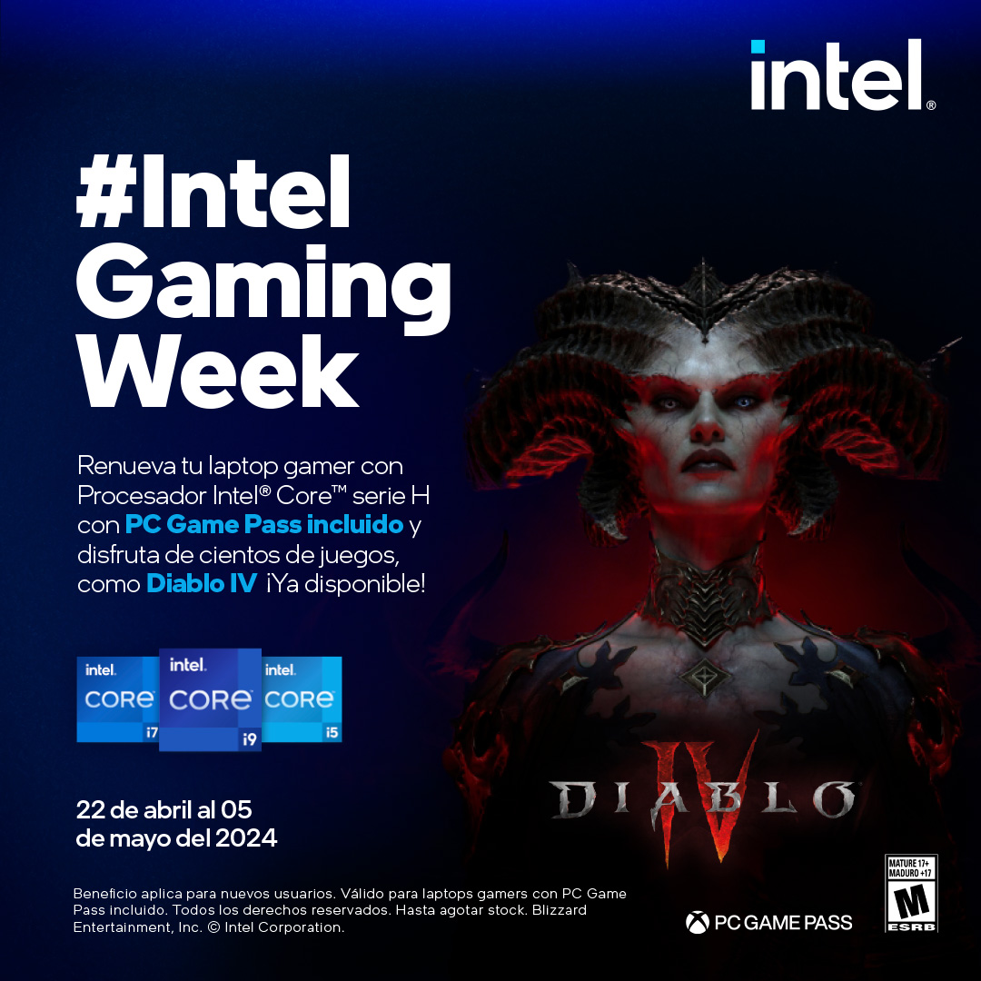 intel_la's tweet photo. ¡Ya llegó #IntelGamingWeek a 🇦🇷 🇵🇪 🇨🇱 🇲🇽!
Desde hoy hasta el 5 de mayo, aprovecha para renovar tu PC y jugar @DiabloLATAM con el Game Pass incluido en tu compra. 🤩
Consulta en tu tienda de preferencia las promociones existentes.* https://t.co/aZ2u0MY7Ea