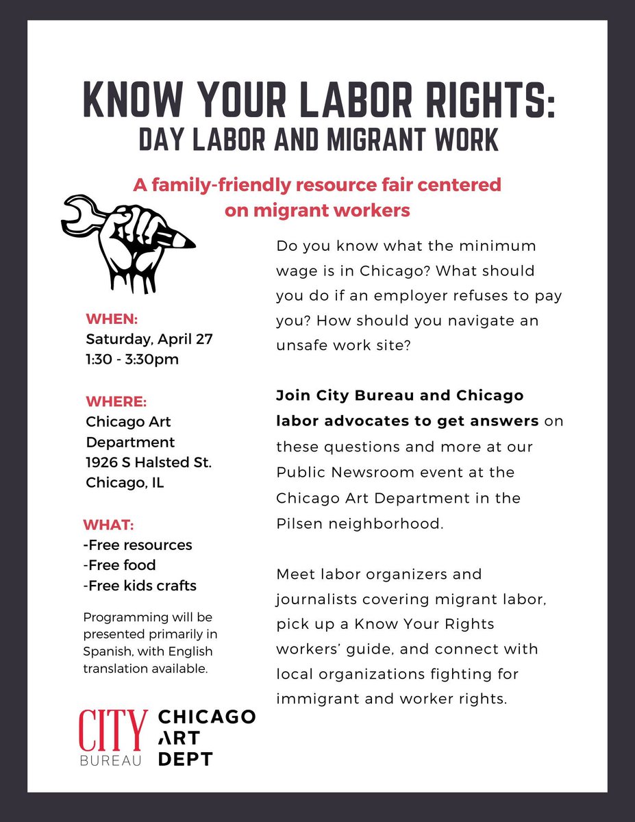 Come to Pilsen's @chicagoartdept this Sat, April 27 at 1:30 p.m. for our latest @city_bureau Public Newsroom focused on Know Your Rights — Day Labor and Migrant Work. It will be a great gathering with @RaiseTheFloor @LatinoUnionChi @chi_temps ♥️ citybureau.org/events/public-…
