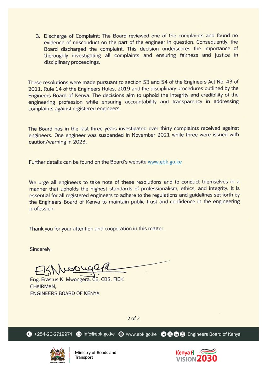 EngineersBoard's tweet image. Setting Standards: Following a Board Meeting held on March 28, 2024 to deliberate complaints received against Engineers, find the Boards resolutions and Communique on the same. 

#EngineeringEthics 
#ProfessionalStandards