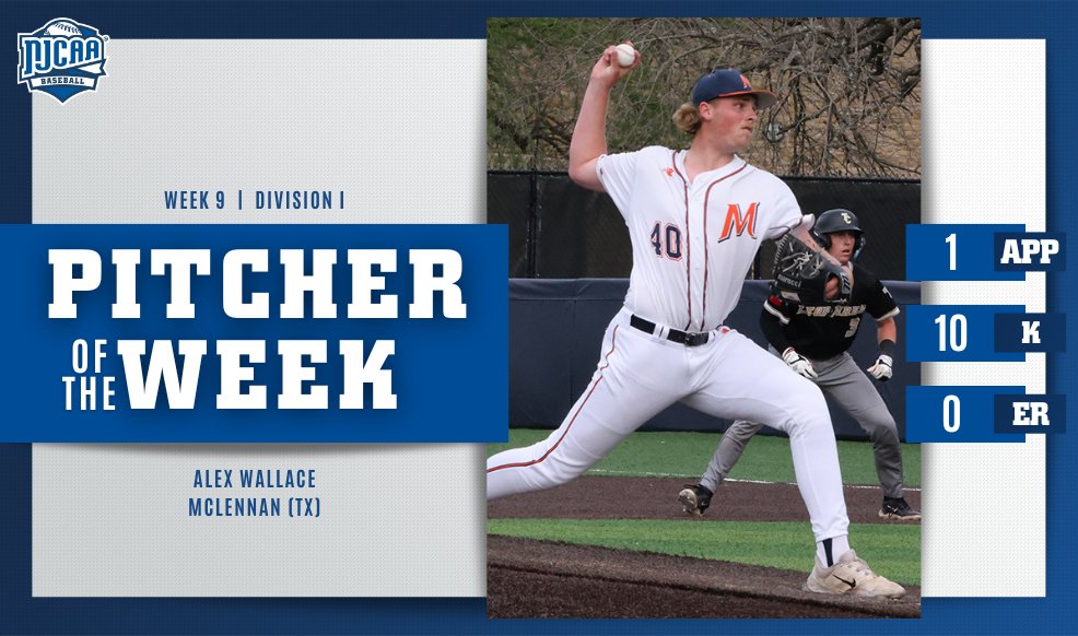 NJCAA Baseball (@njcaabaseball) on Twitter photo 🔟K's for #⃣4⃣0⃣
Alex Wallace is the #NJCAABaseball DI Pitcher of the Week! Wallace had a 🔟K and 0⃣.0⃣0⃣ ERA performance for <a href="/mccbaseball1/">McLennan Baseball</a> last week! ⚾️
#NJCAAPOTW 🔟K's for #⃣4⃣0⃣
Alex Wallace is the #NJCAABaseball DI Pitcher of the Week! Wallace had a 🔟K and 0⃣.0⃣0⃣ ERA performance for <a href="/mccbaseball1/">McLennan Baseball</a> last week! ⚾️
#NJCAAPOTW