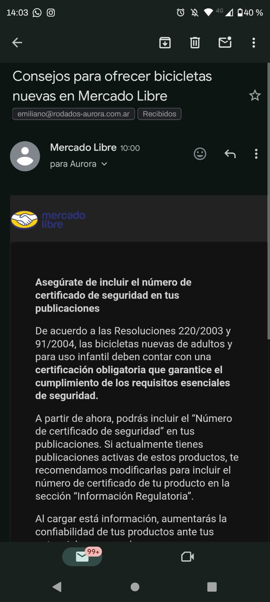 Desde CIMBRA agradecemos a Mercado Libre, por recomendar la publicación del certificado CRES en la venta de bicicletas. Esta certificación es  obligatoria y vigente  desde la publicación de la  Resolución 220/03. 
CRES significa: Certificado de Requisitos Esenciales de Seguridad.