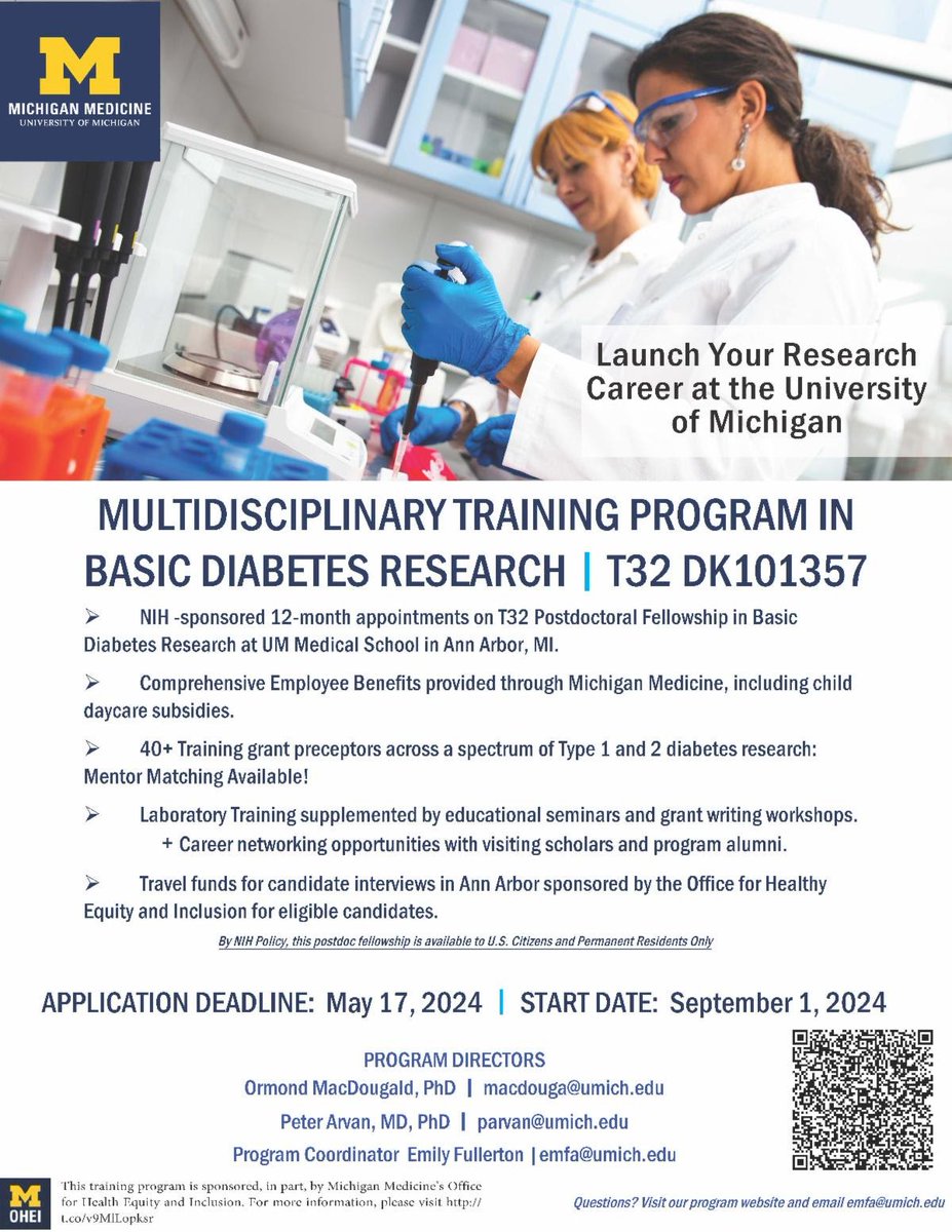 The Multidisciplinary Training Program in Basic Diabetes Research is accepting applications and supports postdocs interested in type 1/type 2 diabetes research. Faculty mentors in @UMPhysiology @UMIntMed @EndocrinologyM, @UMBME @UMLifeSciences and more. medicine.umich.edu/dept/intmed/di…