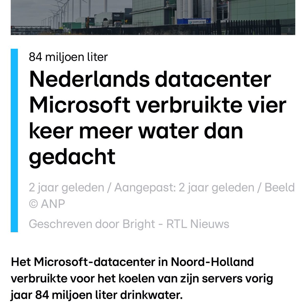 Was het niet zo dat één centrale 80miljoen liter water gebruikt. GEVONDEN… 84 miljoen! Vier data centra’s meer dan 300 miljoen liter water… 🛑 STOP dit @lientje1967 @geertwilderspvv @PieterOmtzigt @thierrybaudet @DilanYesilgoz