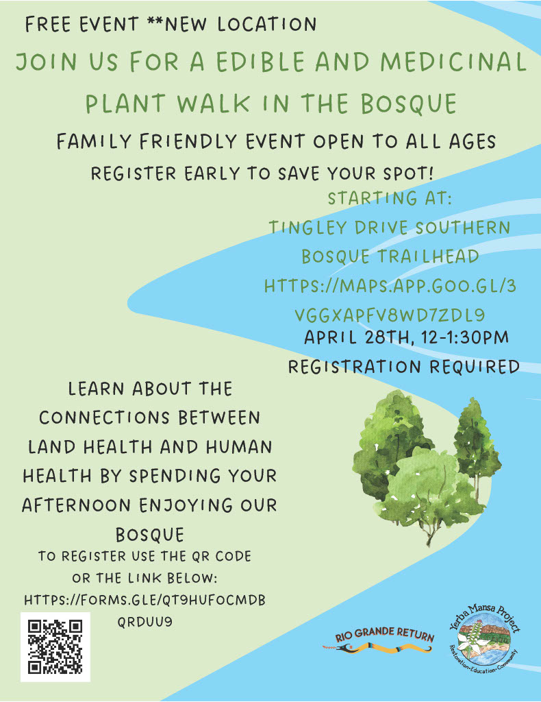 Join Rio Grande Return for an edible and medicinal #plant walk on Sunday 12-1:30pm. You can make #CityNatureChallengeABQ observations during the event. Registration required!

#AlbuquerqueEvent #PlantWalk #EdiblePlants #MedicinalPlants #plants #botany #NewMexicoNature