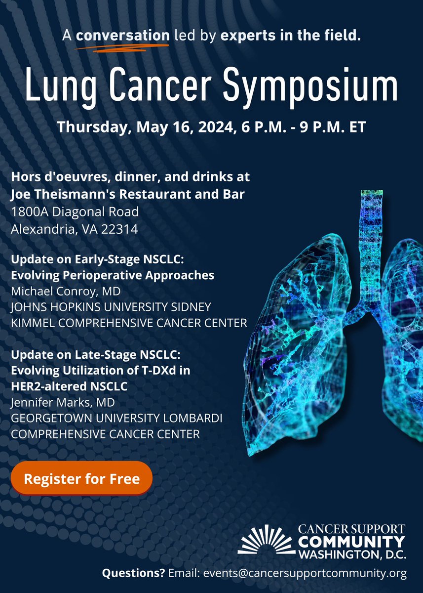 If you’re in the DMV area, the lovely Dr. @michaelconroy and I will be discussing updates in #NSCLC on May 16th! RSVP using the following link: cancersupportcommunity.salsalabs.org/lung-cancer-sy… . The fabulous thoracic experts, Drs. @SusanScottMD and @Joshua_Reuss, will be in attendance as well! #lcsm