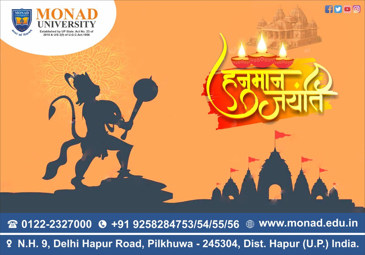 Ns30_Sharma's tweet photo. Happy Hanuman Jayanti! 🙏May Lord Hanuman's blessings fill your life with strength,courage, and devotion. Wishing you a day filled with positivity and spiritual bliss!
Reach us at Toll-Free No@9258284753
#HanumanJyanti 
#Blessings 
#Spirituality 
#MonadUniversity 
#BestUniversity https://t.co/rRmnpRW8MJ