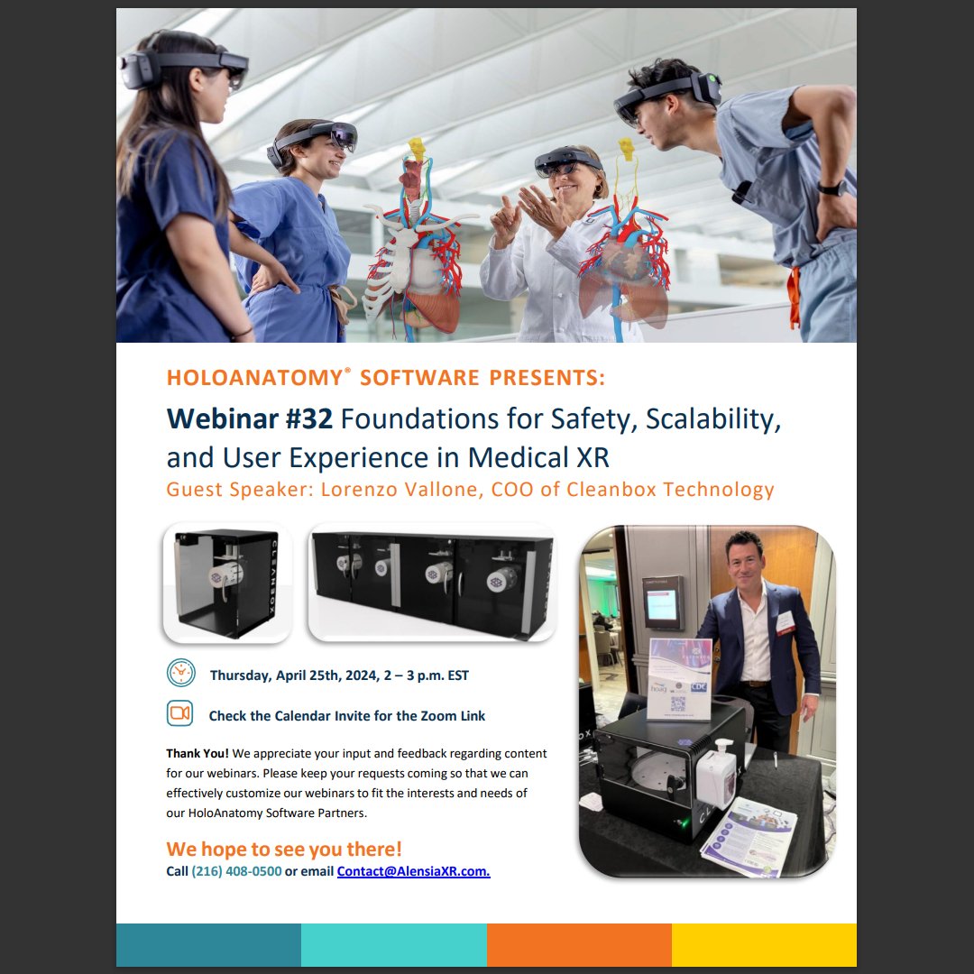cleanboxtech's tweet photo. Happening this Thursday 4/25/24 2-3pm EST
Join our #COO @lorenzo_vallone for this webinar on HoloAnatomy® Webinar 32: Foundations for Safety, Scalability, and User Experience in #MedicalXR
Join Zoom Meeting: https://t.co/O6mCKQHZMe https://t.co/aPLFGXGygt