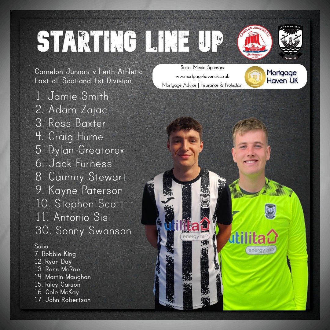 📝 TEAM NEWS Our starting line up for tonight's East of Scotland 1st Division game against Camelon Juniors. Countdown to kick at The Moore Equipment Hire Stadium. Team news brought to you by Mortgage Haven UK 🏡 We Are Leith.