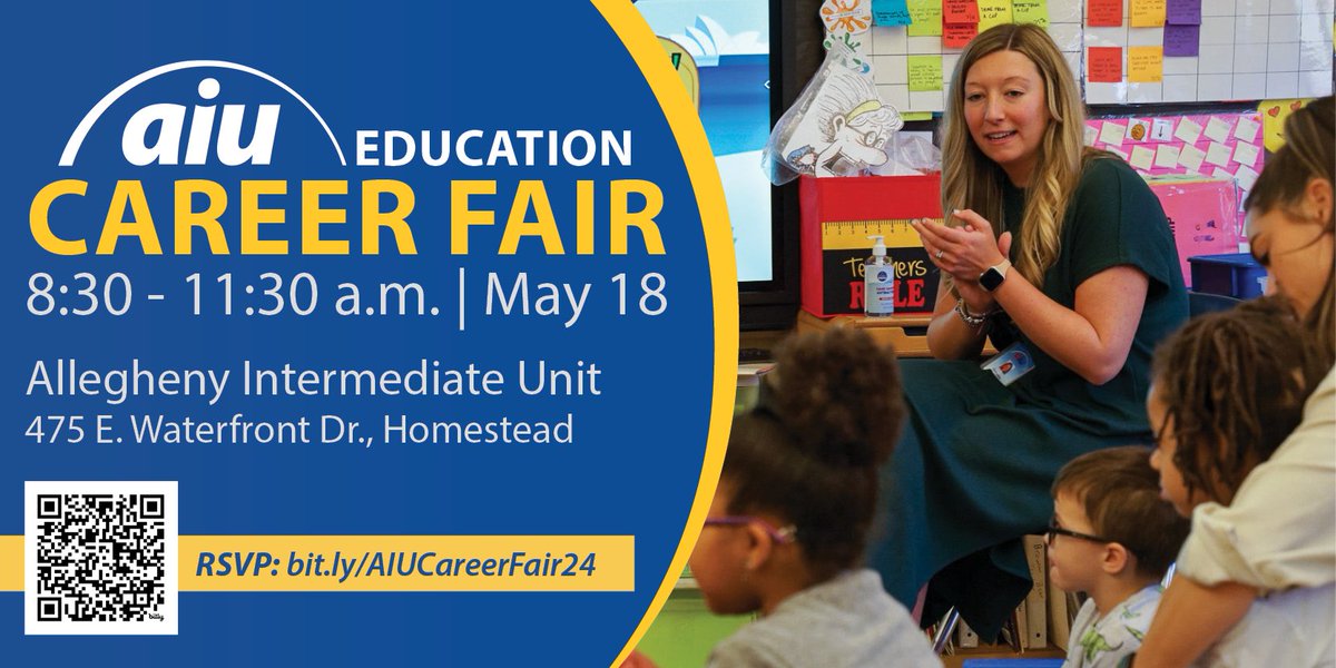 Looking for a job in education? The AIU is hiring! 

Join us at our Central Office, 475 E. Waterfront Drive, Homestead, on May 18 for an Education Career Fair. Click here to RSVP: bit.ly/AIUCareerFair24