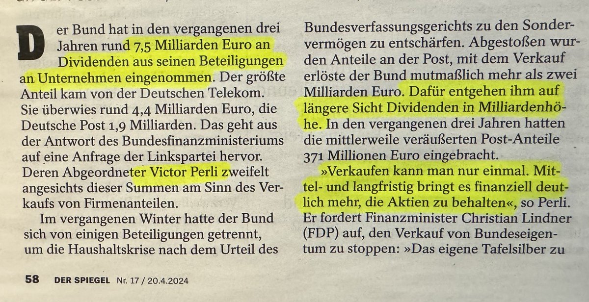 Erfolg der Finanzbildungs-Initiative von @c_lindner? Linker Abgeordneter kritisiert die #Aktien-Verkäufe des Bundes bei der Post – denn wer verkauft hat, kriegt keine #Dividende mehr. So ist das! Dividende also doch nicht böse? Oder nur, wenn sie in die Staatskasse fließt?