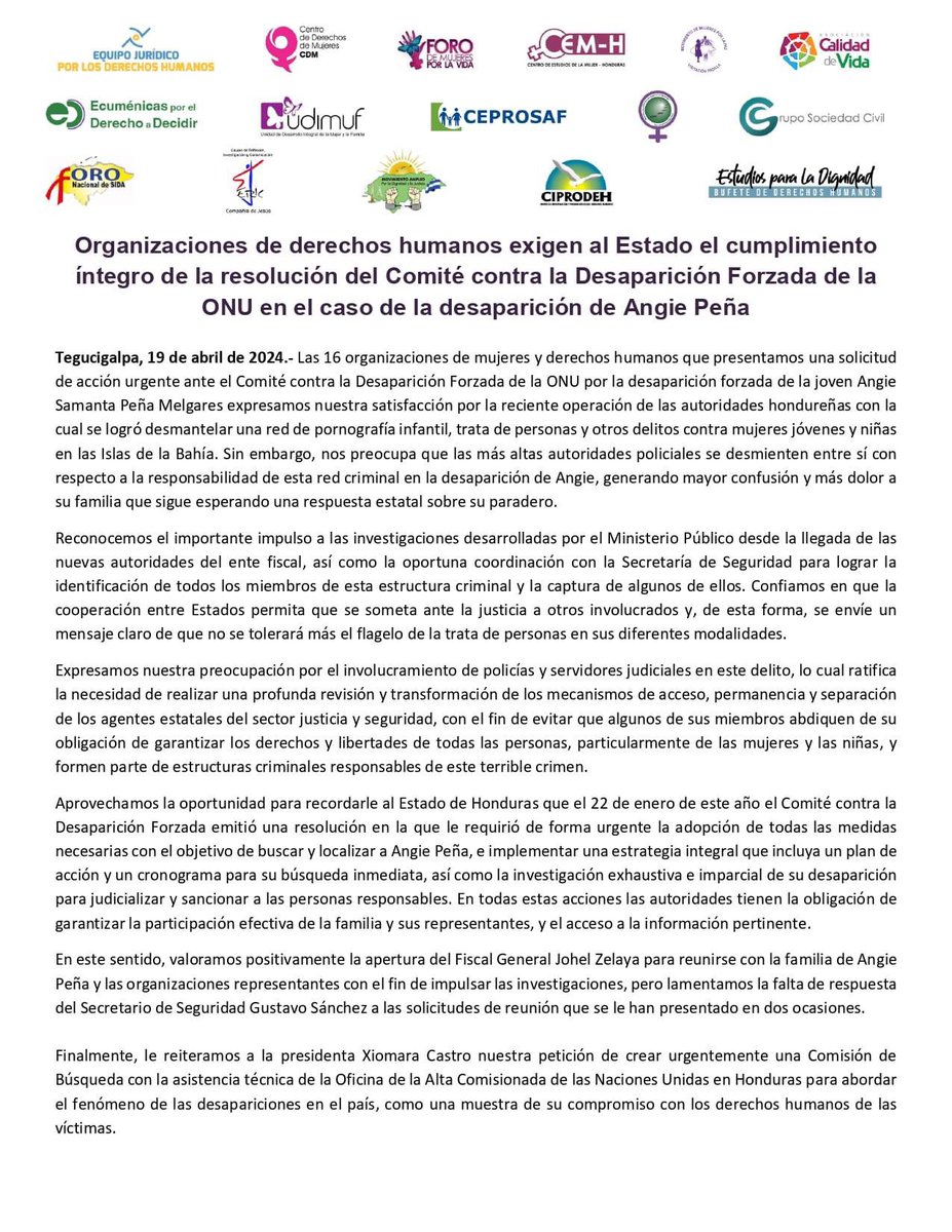 udimufhn's tweet photo. Porque Angie Peña y su familia merecen respuestas concretas, nos sumamos a las diferentes organizaciones y redes que se pronuncian para que el Gobierno de Honduras dirigido por la presidenta @XiomaraCastroZ de cumplimiento a la resolución del comité contra la desaparición forzada https://t.co/OGB47m9KwO
