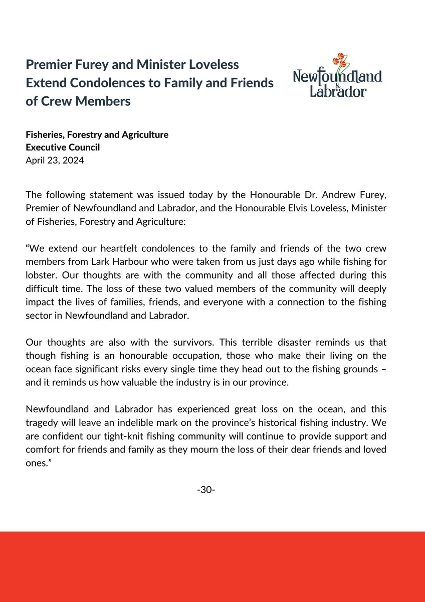 Premier Furey and Minister Loveless Extend Condolences to Family and Friends of Crew Members Text version available here: gov.nl.ca/releases/2024/… #GovNL