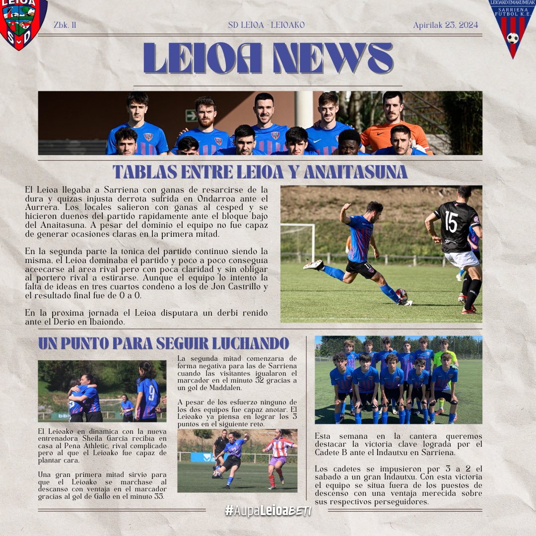 Leioako's tweet photo. 🗞️ 𝑳𝒆𝒊𝒐𝒂 𝑵𝒆𝒘𝒔! 

🔹Tablas entre Leioa y Anaitasuna

🔹 Un punto para seguir luchando 

🔹 El Cadete B escala puestos en la clasificación 

#AupaLeioaBETI 💙❤️ #LeioaNews https://t.co/9DHjMxAoNG