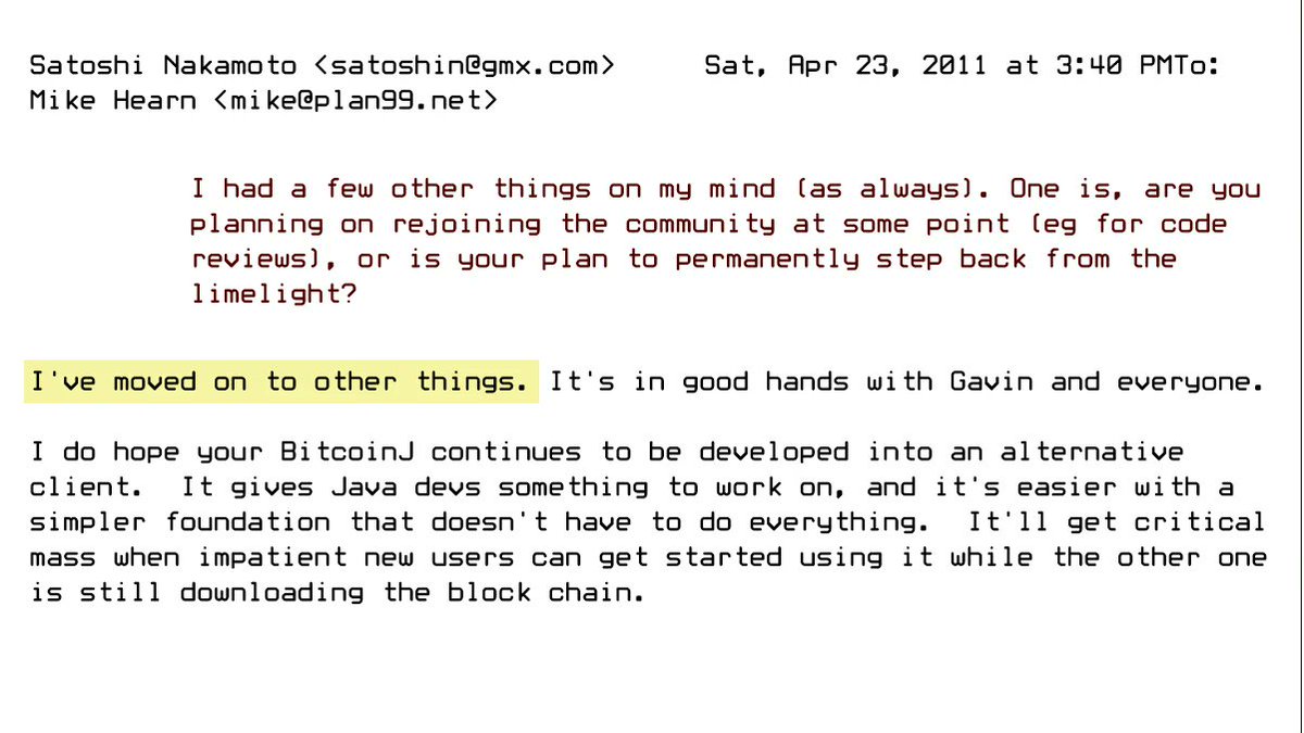 Bitcoin'i icat eden gizemli karakter Satoshi Nakamoto, 13 yıl önce bugün, ortadan kaybolmadan önce ekip arkadaşlarına attığı bir email'de artık başka projeler üzerinde çalışmaya başladığını söylemiş... ne üzerinde çalışmak için Bitcoin'i geliştirmeyi bıraktı acaba? 🤔