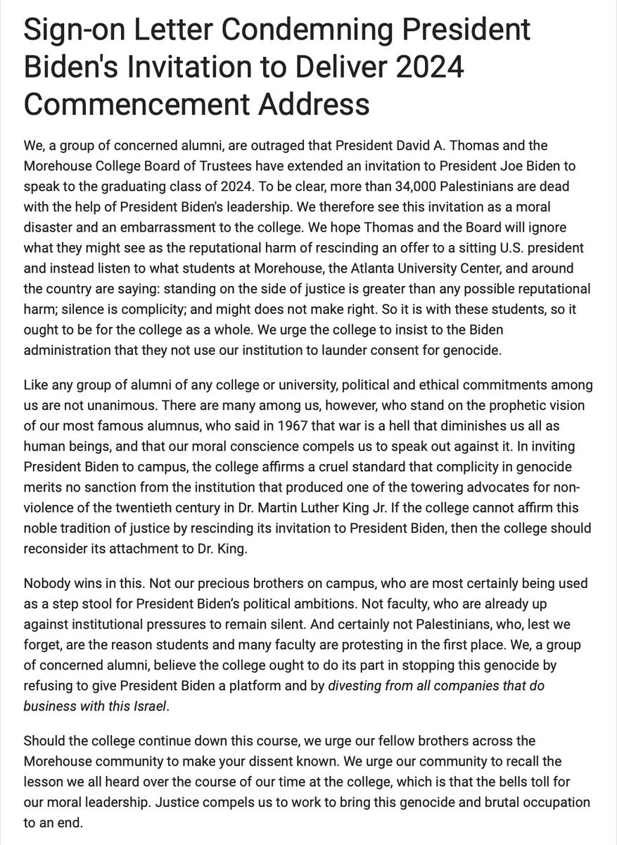 The backlash is strong and getting stronger, as anyone paying attention could have predicted. Powerful, principled statement from concerned Morehouse alumni condemning the College’s platforming of Biden. Alums can sign on: tinyurl.com/yc7abc8w