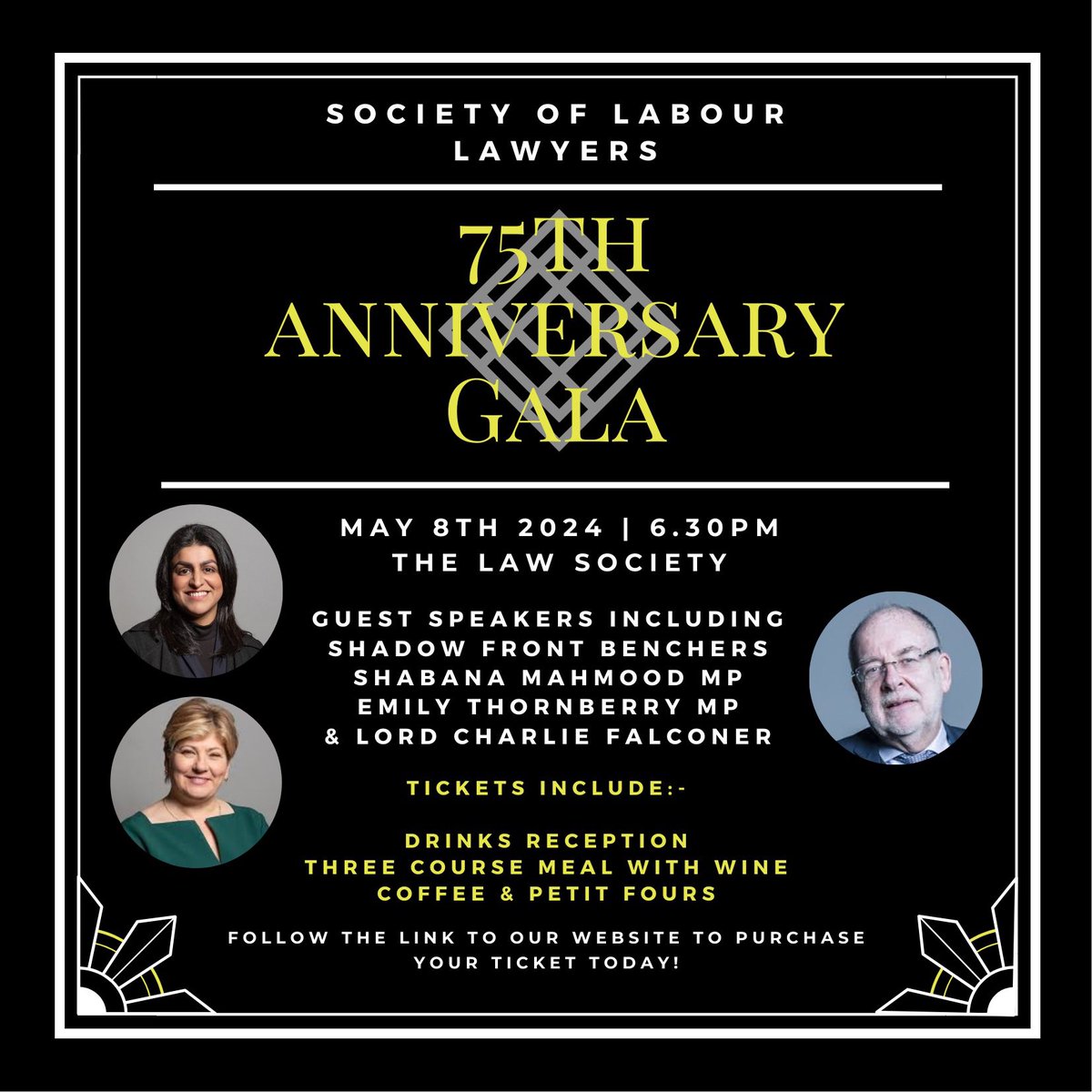 We are really excited to have @ShabanaMahmood @EmilyThornberry and @LordCFalconer joining us at our 75th Anniversary Gala as speakers! The Gala is open to both Members and Non-Members but there is only seven days left to grab your tickets ➡️➡️➡️societyoflabourlawyers.org.uk/75th-anniversa…