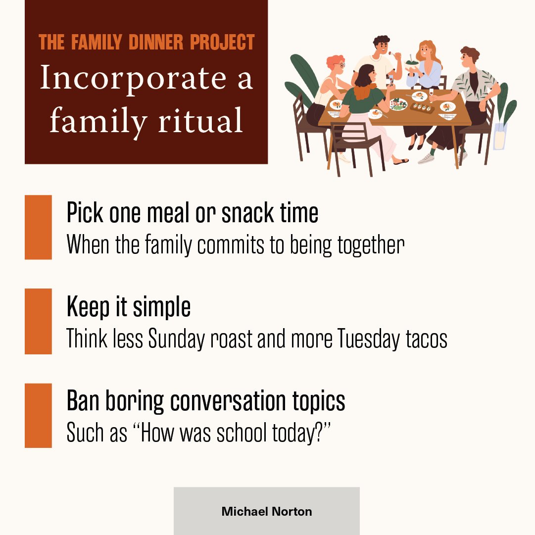 Look into the Family Dinner Project (thefamilydinnerproject.org)! You can strengthen your family bonds with a special ritual: ☑️Set a Mealtime ☑️Keep it Simple ☑️Ban Boring Topics #TheRitualEffect #QualityTime #RitualBuilding