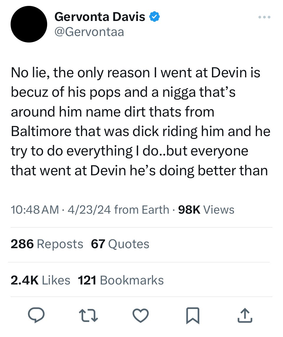 This is a Pookie rationale for not liking Devin Haney. #GervontaDavis essentially said he’s jealous Haney has a supportive father. I hope #FrankMartin sends this thug to the upper room