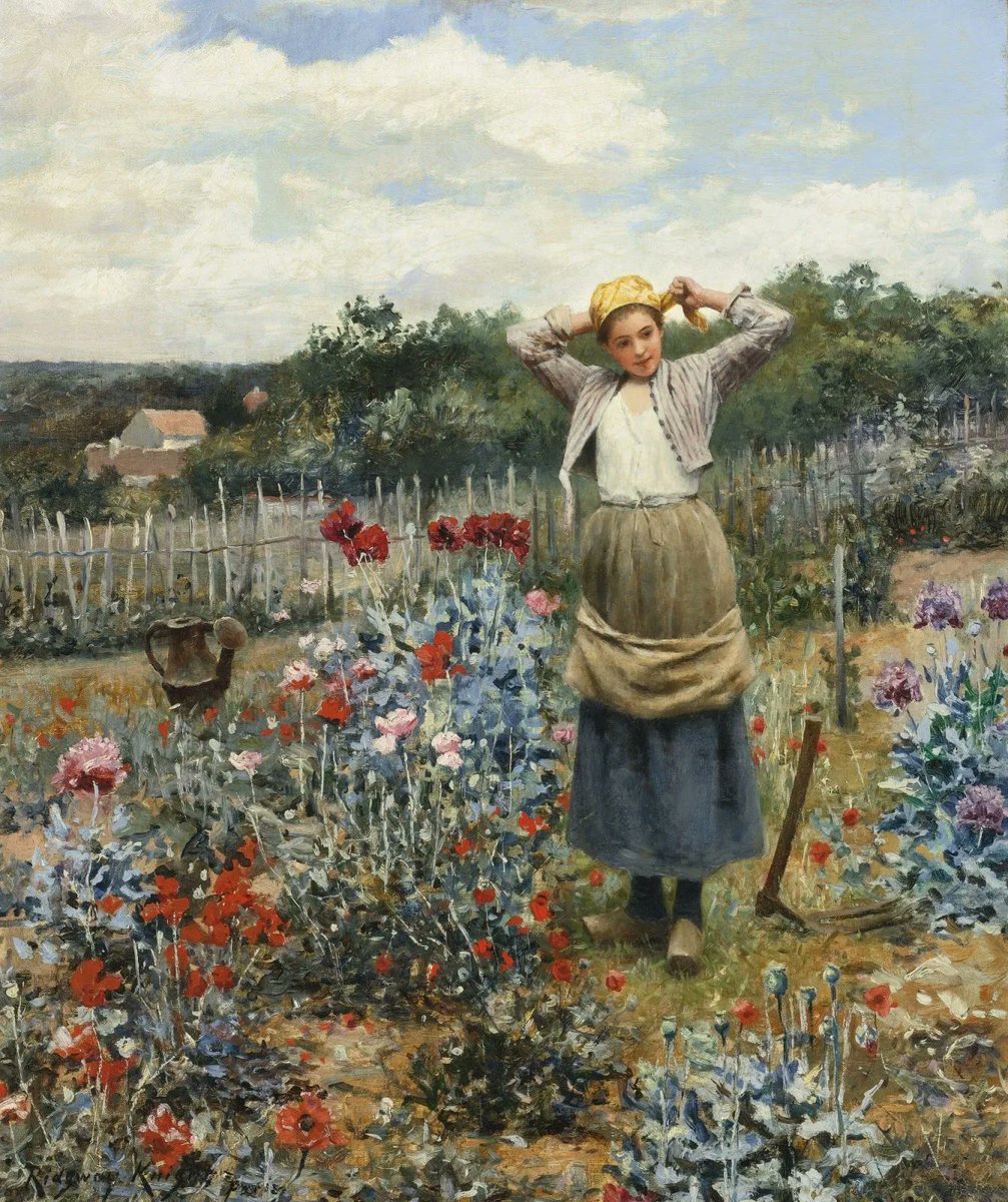 🎨Daniel Ridgway Knight (1839-1924) Young woman tending the garden of flowers