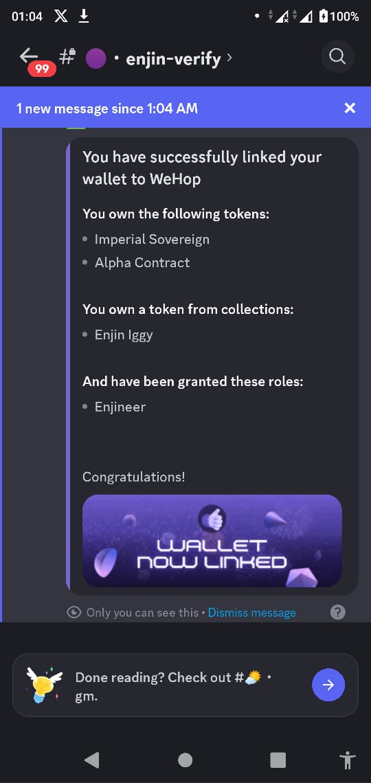 I just connected @WeHopNFT on discord account with wallet and got the role, it was very easy and smooth.  

Here is a list of nfts to get the role ⬇️

What are the advantages?  
#Enjineer role, for what?

Who knows...

Just Do It!

#ENJ #ENJINEER #NFT #ENJIN