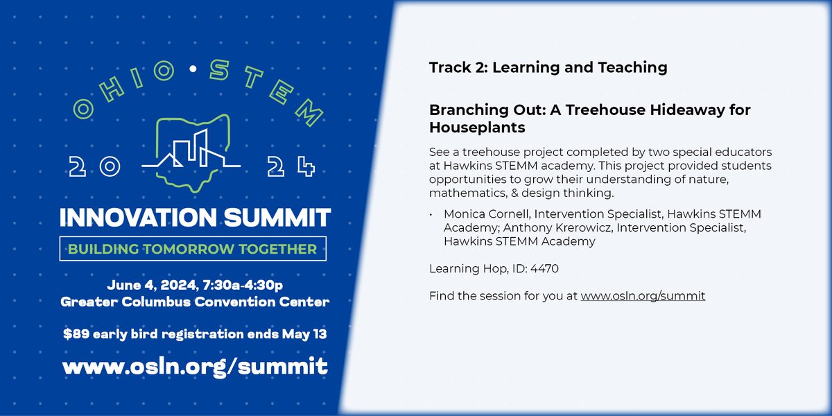 OSLN's tweet photo. Discover how a treehouse project can enhance student understanding of nature, mathematics, &amp; design   thinking at the #OhioInnovates Summit. Hear from Monica Cornell and Anthony Krerowicz as they share their project experiences. Register now! https://t.co/iOr9GpzV9X https://t.co/8SNe9VERBN