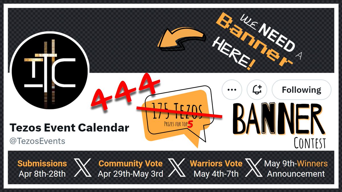 TezosEvents's tweet image. 📣Last week to submit your banners!

🏆444 tez* in prizes for top 5 banners (200/100/75/25/24)

▪️Submissions: until April 28th @ thetezos.com/banner-contest
▪️ Voted by the #tezoscommunity &amp;gt; 1 random voter wins 20 tez🔥

Participate! GL🍀
#tezos #BannerContest #TTC #StrongerTogether