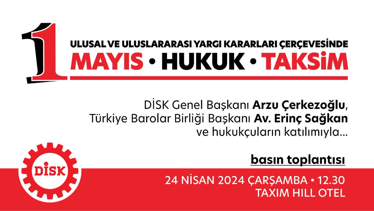 Yarın saat 12.30’da basın toplantısında buluşuyoruz! TAKSİM #1Mayıs alanıdır! Ulusal ve uluslararası yargı kararları çerçevesinde ▶️ 1Mayıs ▶️ Hukuk ▶️ Taksim 📆 24 Nisan Çarşamba 🕧 12:30 📍 Taksim Hill Otel