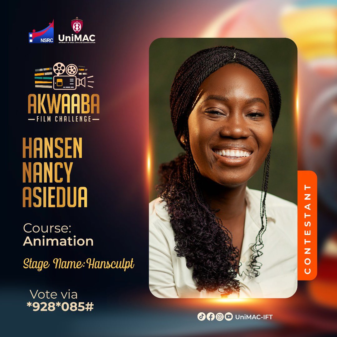 UnimacIFTSrc's tweet image. Introducing Hansculpt, a level 100 Animation Student of Unimac - IFT. 🎬
Vote Via - *928*085#
Join us for the Akwaaba Film Challenge on May 11th, 2024, at Accra Metropolitan Assembly ( Omanye Aba Hall ), 6pm.
#AkwaabaFilmChallenge
#OmanyeAbaHall
#UnimacIFTSRC