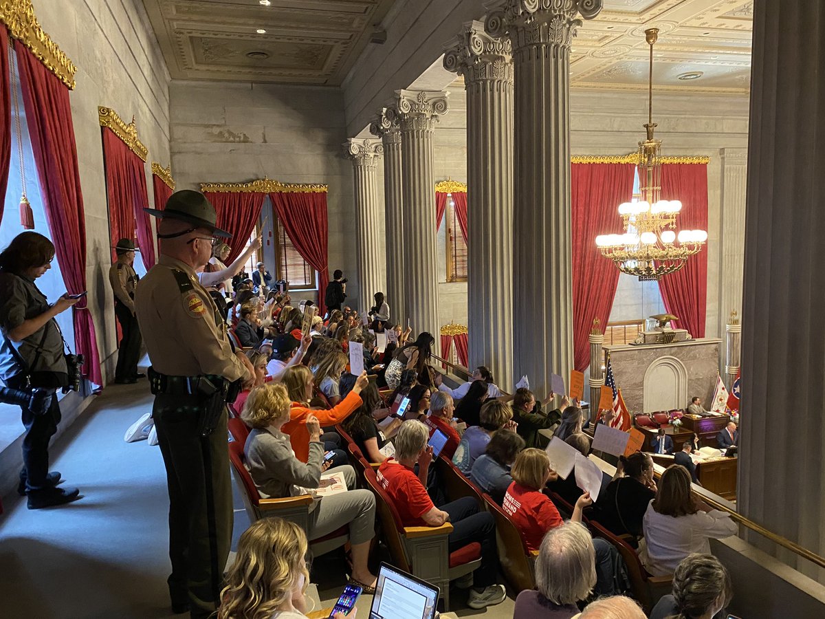 angele_latham's tweet photo. Packed day in the House as lawmakers debate the passage of a number of bills—most notably, a bill that would allow teachers to carry firearms without disclosing the presence of the weapon to anyone. The crowd is overwhelmingly against it. https://t.co/cZYY4cLCcs
