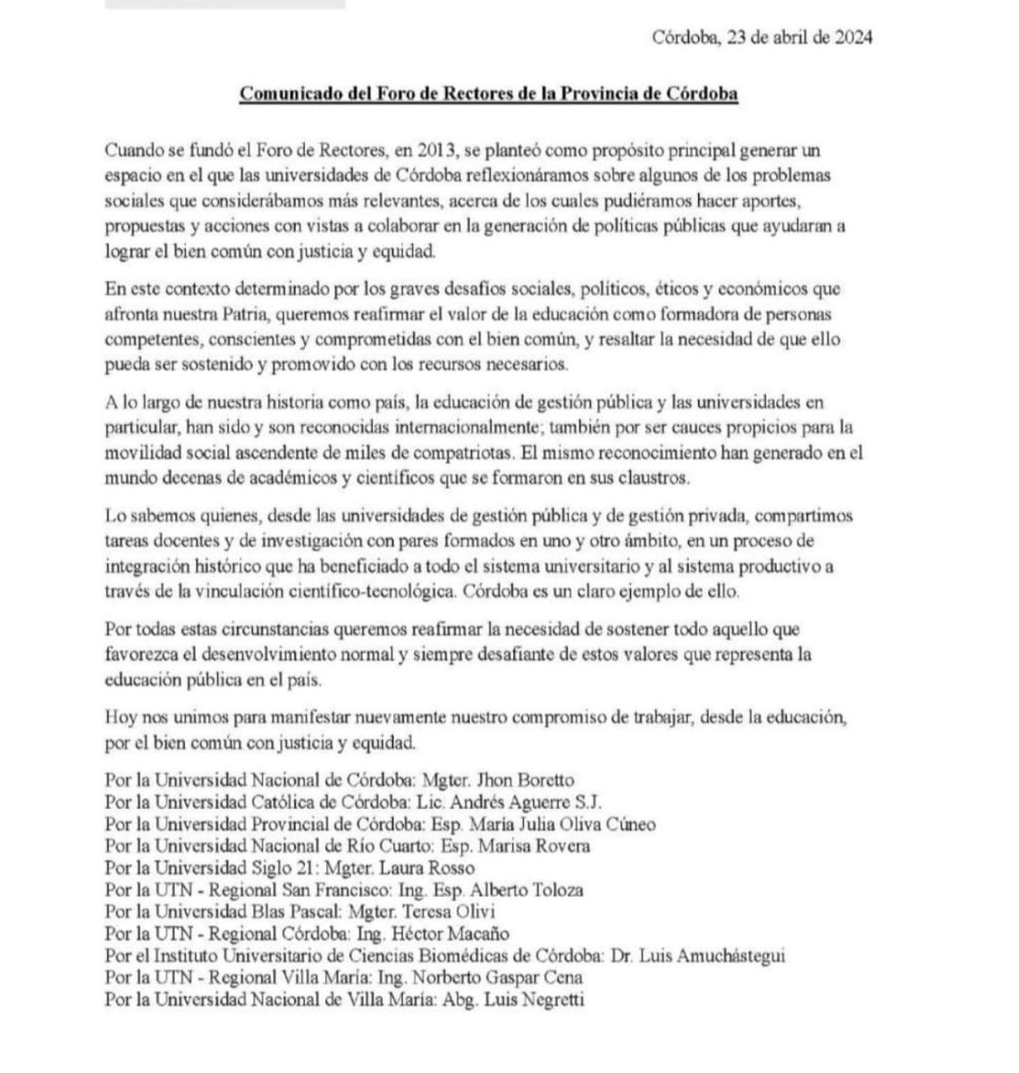 Esto me pone muy feliz‼️‼️
El Foro de Rectores que nuclea a las 11 universidades de la provincia de Córdoba (públicas y privadas) emitió un comunicado en el que se reafirma el valor de la educación pública y expresa la necesidad de sostenerla.