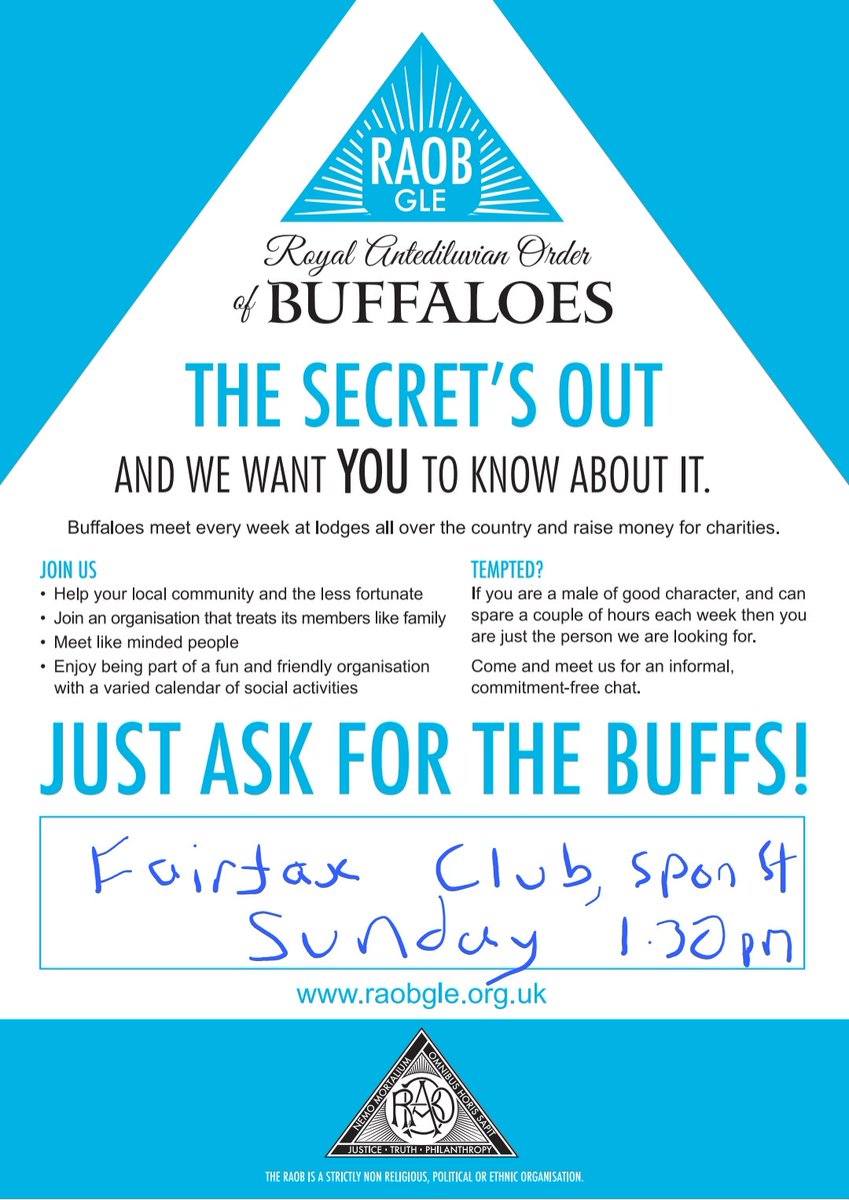 We meet at the Fairfax Club, 182 Spon St, Coventry, CV1 3BB (w3w.co/twigs.vibes.cy…) on Sundays at 1:30pm for fun, fellowship and fundraising.

Membership is open to any male over the age 18. We are non sectarian and non political.

Happy to meet new potential members!