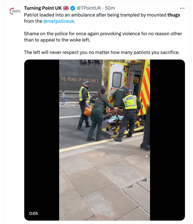 Turning point UK, trying to imply that one of their 'patriots' was beaten up by the police This man was was spotted sitting on the ground looking ill. The police officers called an ambulance and he was taken to hospital Turning Point have just now deleted it TP are thugs