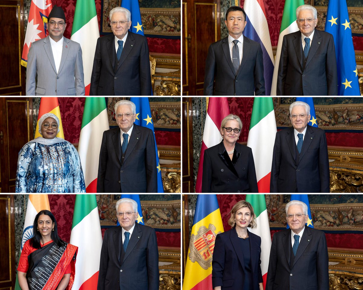 Il Presidente #Mattarella ha ricevuto le Lettere Credenziali dei nuovi Ambasciatori di Nepal🇳🇵, Thailandia 🇹🇭, Guinea 🇬🇳, Lettonia 🇱🇻, India 🇮🇳, Andorra 🇦🇩