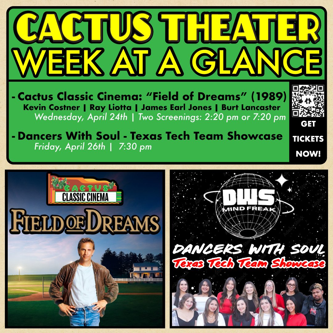 Cactus Theater Week At A Glance! We have some exciting shows coming up this week! GET TICKETS NOW! 🎟 > bit.ly/3MRhFGf or cactustheater.com #lubbock #lubbocktx #hubcity #cactustheater #fieldofdreams #kevincostner #DWS #dancerswithsoul #texastech #redraiders #ttu