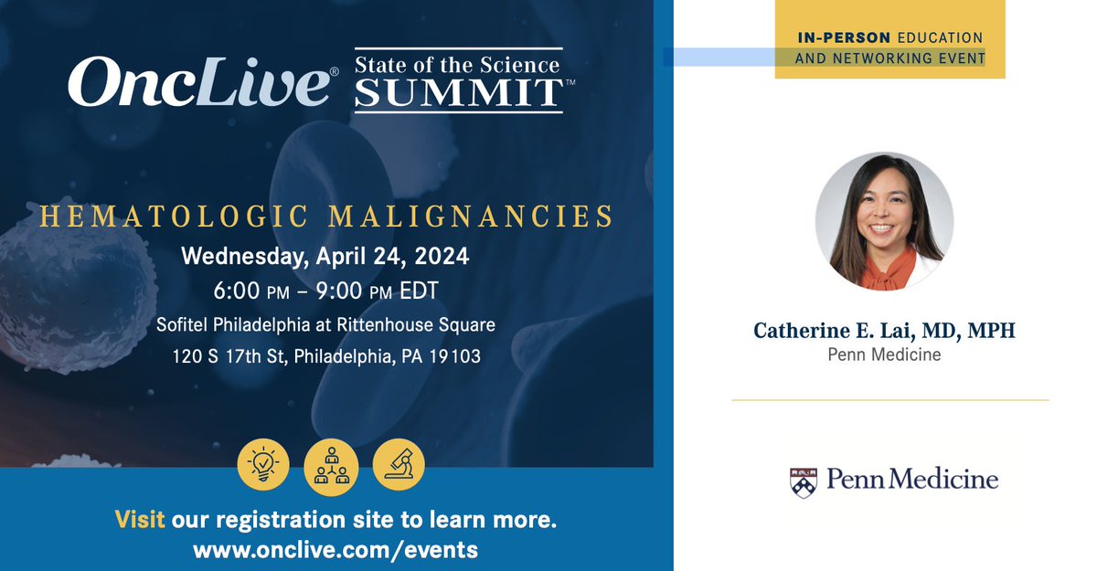 Join us tomorrow for an exclusive in-person event at Rittenhouse Square. Dr. Catherine E. Lai will discuss a wide range of topics on Hematologic Malignancy. There is still time to register for the State of the Science Summit on Hematologic Malignancies. spr.ly/6015kITqV